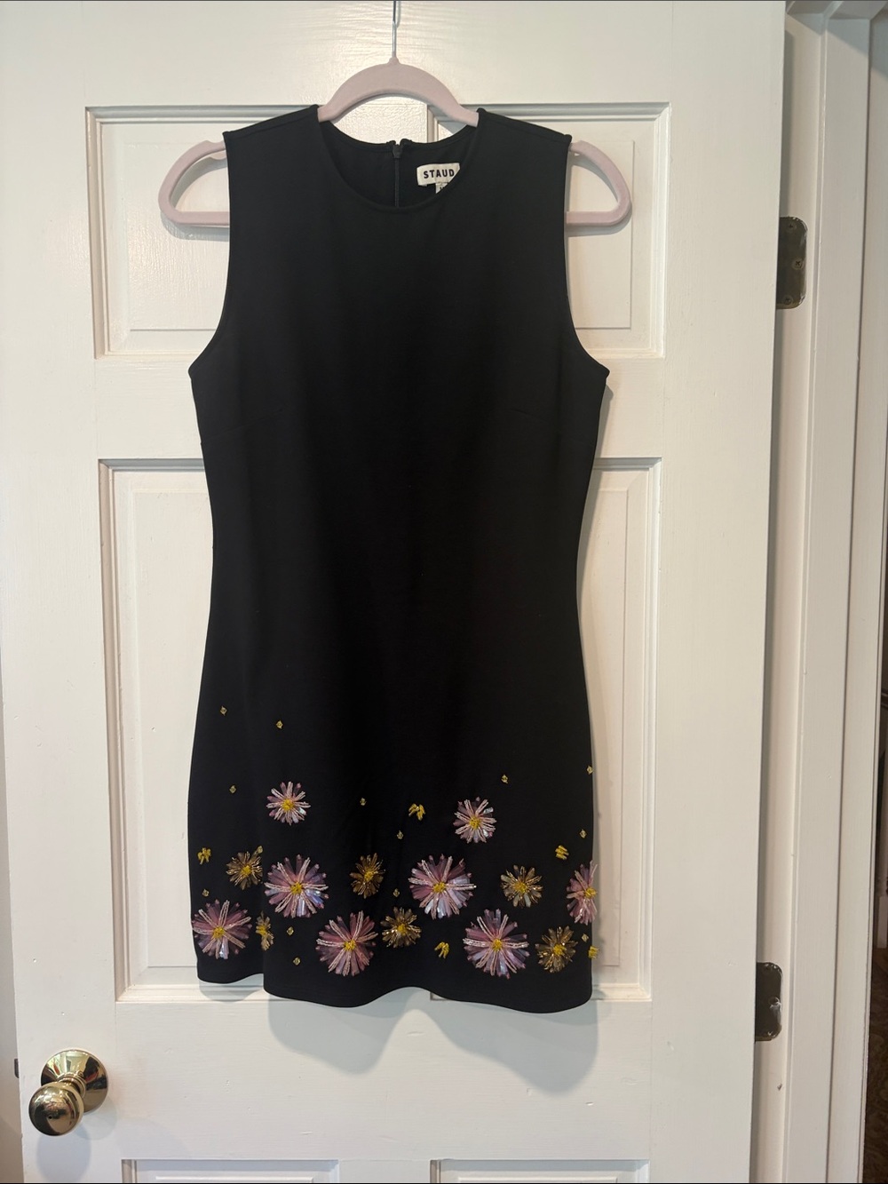 STAUD Black Sleeveless Mini Dress with Pink and Gold Floral Hem